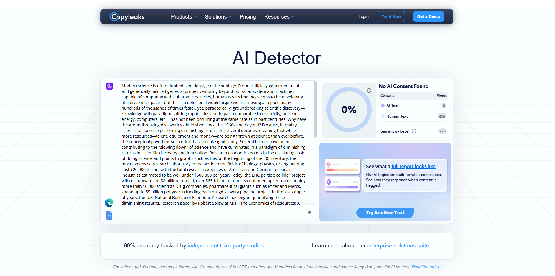 Copyleaks detector: sample output classified as human-written